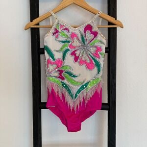 Show Off Girls Rhythmic Gymnastics Leotard Rhinestone Flower Fringe‎ Pink